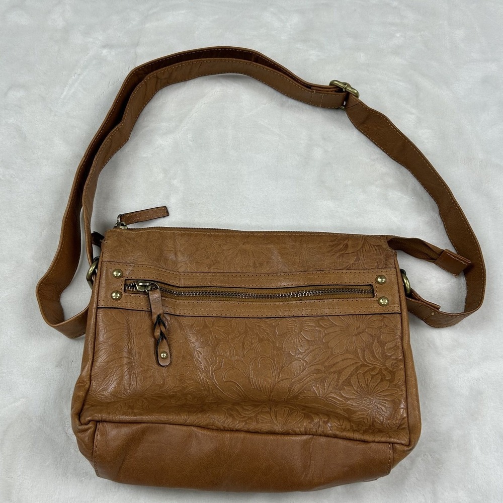 Great American Leather Works Crossbody Womens Tan Floral Embossed Leather Bag